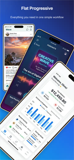 Flat Progressive template: a staggered sequence of app screens on a blue gradient.