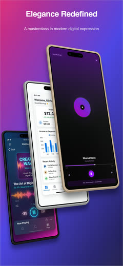 Isometric Trio template: three iPhone mockups angled in 3D on a magenta gradient.