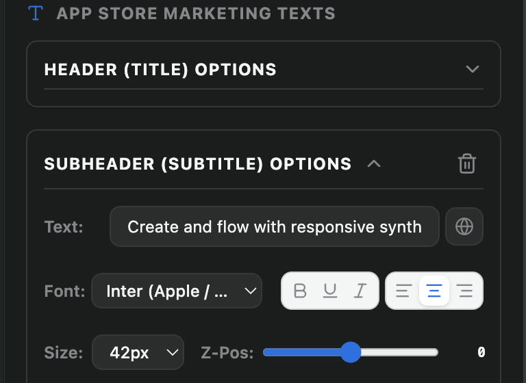 App Store marketing text panel showing header and subheader options with a translate globe button beside the text field, plus font, size and Z-position controls.