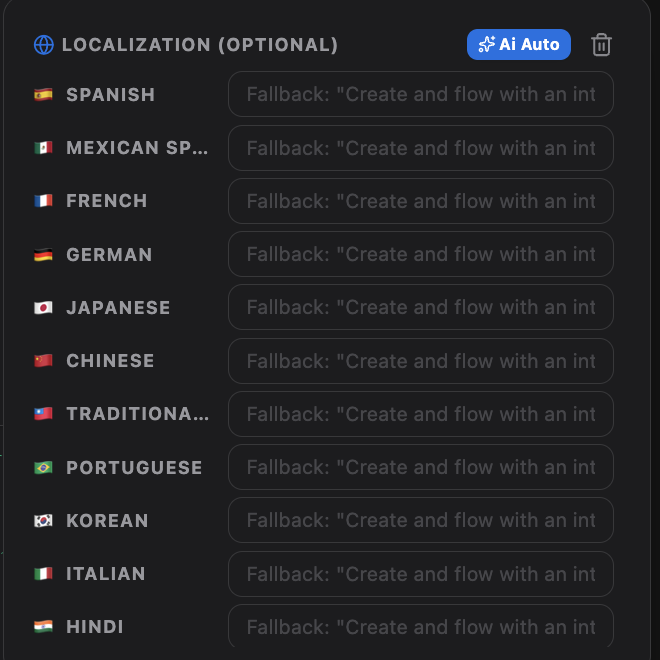 The localization panel listing Spanish, Mexican Spanish, French, German, Japanese, Chinese, Traditional Chinese, Portuguese, Korean, Italian and Hindi, each still falling back to the English caption.