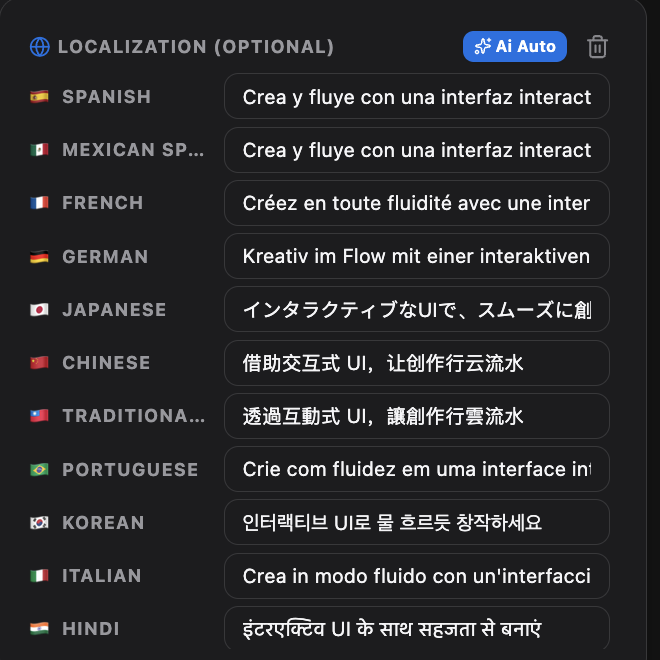 The same localization panel after translating: every locale now carries its own caption, in Spanish, French, German, Japanese, Chinese, Korean, Italian and Hindi.